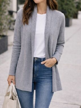 Talbots Gray Open Front Cardigan Cotton Rayon Knit Soft Lightweight Classic